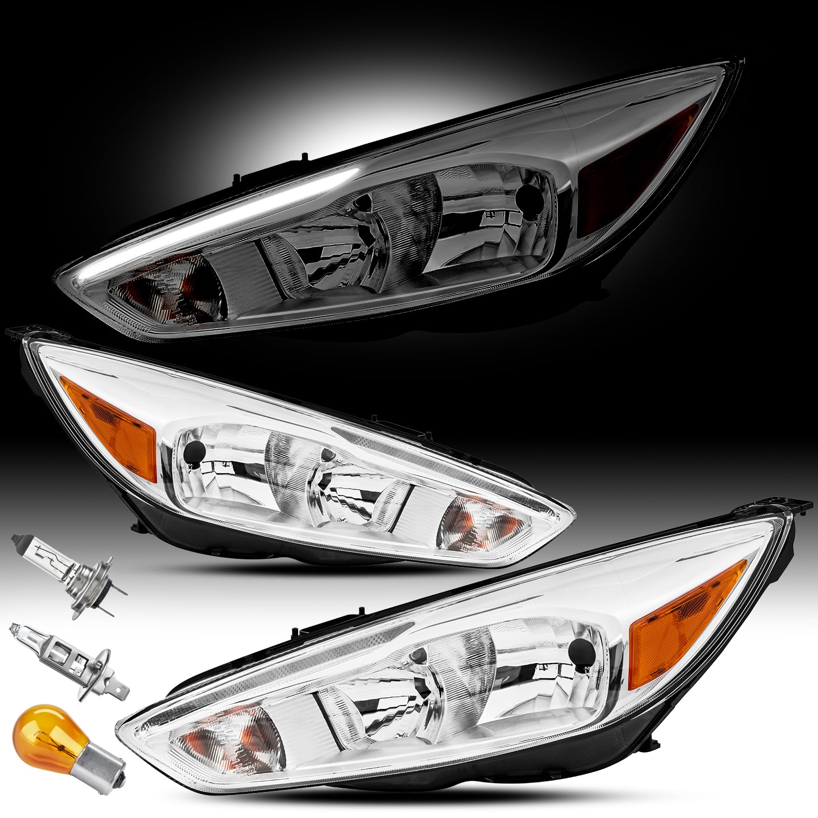 LED DRL Headlights Assembly (ST Style) Compatible with 2015 2016 2017 2018 Ford Focus W/Bulbs Chrome W/Amber Headlamp Assy. 1x Pair