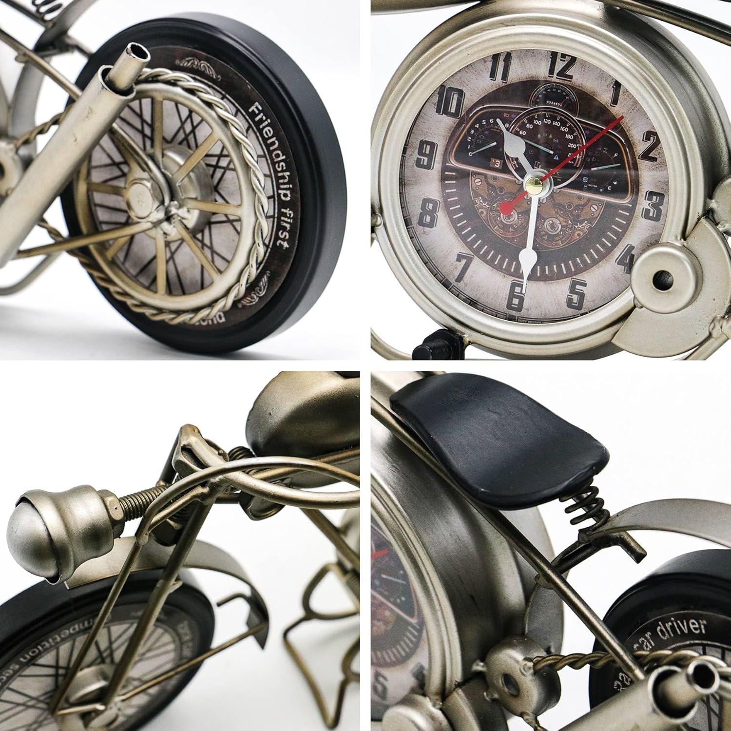 GLOWMIRTH Retro Wall Sculptures,Motorcycle Decor,Antique Shelf Clock,vintage table clock for Living Room Bedroom Office,Motorcycle Gifts,Battery Powered, 16.6 * 1.5 * 7.9inches,Silve