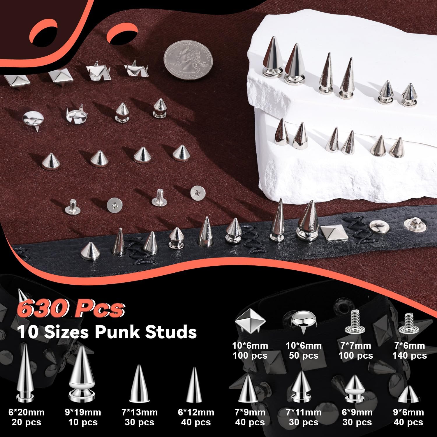 630 Pcs Punk Studs for Clothing, 10 Sizes Cone Spikes for Clothes, Square & Round Dome Pyramid Studs and Spikes, Leather Rivets Metal Spike for Crafts Bags Belts Shoes Caps Necklace Decor with Tools
