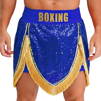 TiaoBug Mens Shiny Sequins Muay Thai Boxer Shorts Fringes Sport Training Shorts for Kickboxing Bottoms