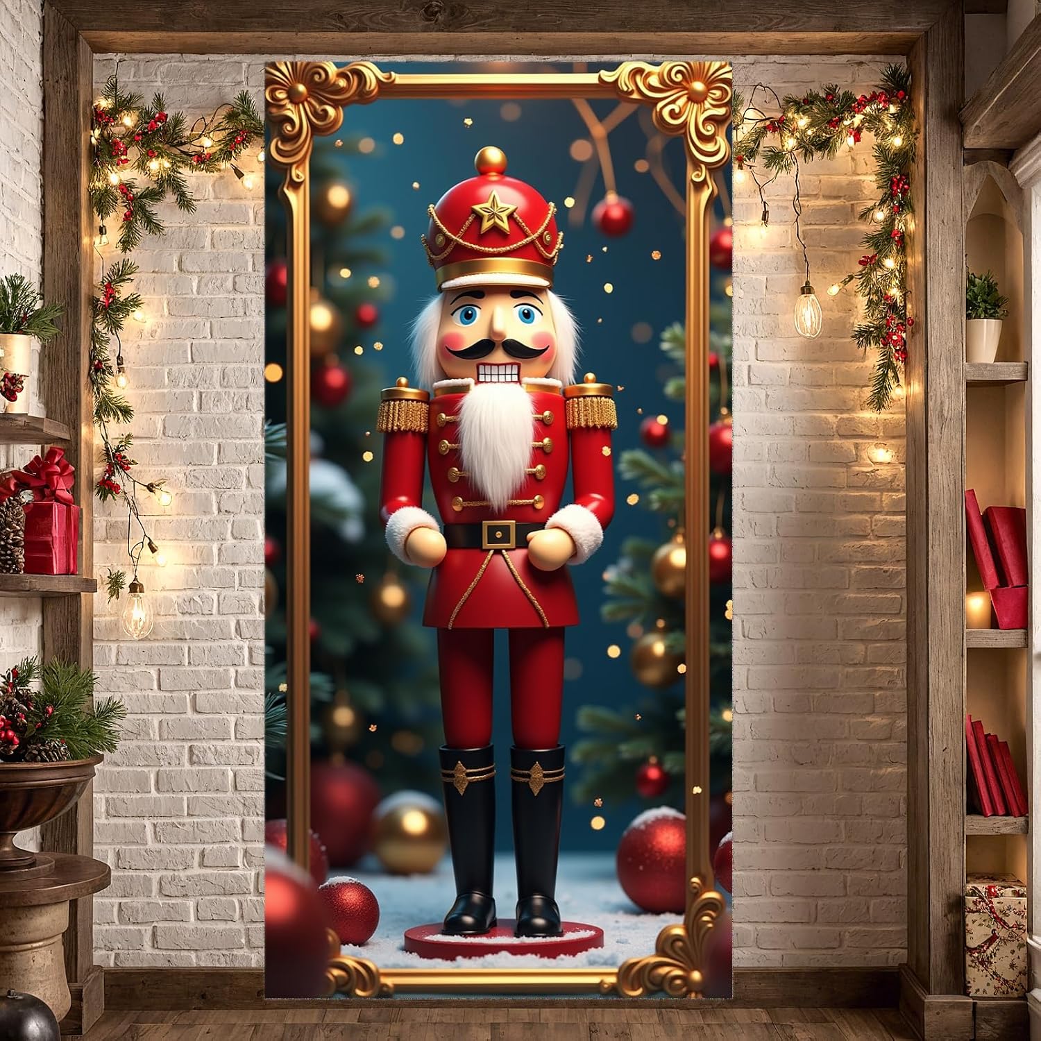 Christmas Nutcracker Door Cover Cute Soldier Nutcracker Door Banner Decorations Xmas Front Door Banner Backdrop for Xmas New Year Winter Holiday Welcome Party Supplies Indoor Outdoor image 3