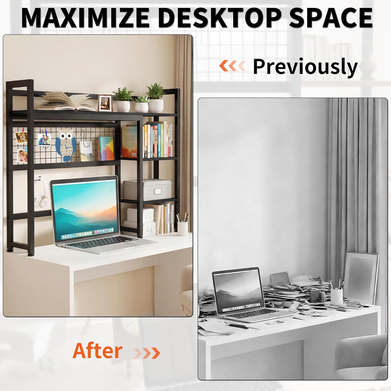 Desktop Shelf, 38.5'' Desktop Organizer Shelf for Computer Monitor, 4 Tier Hutch Storage Rack for Home Office Dorm, Black