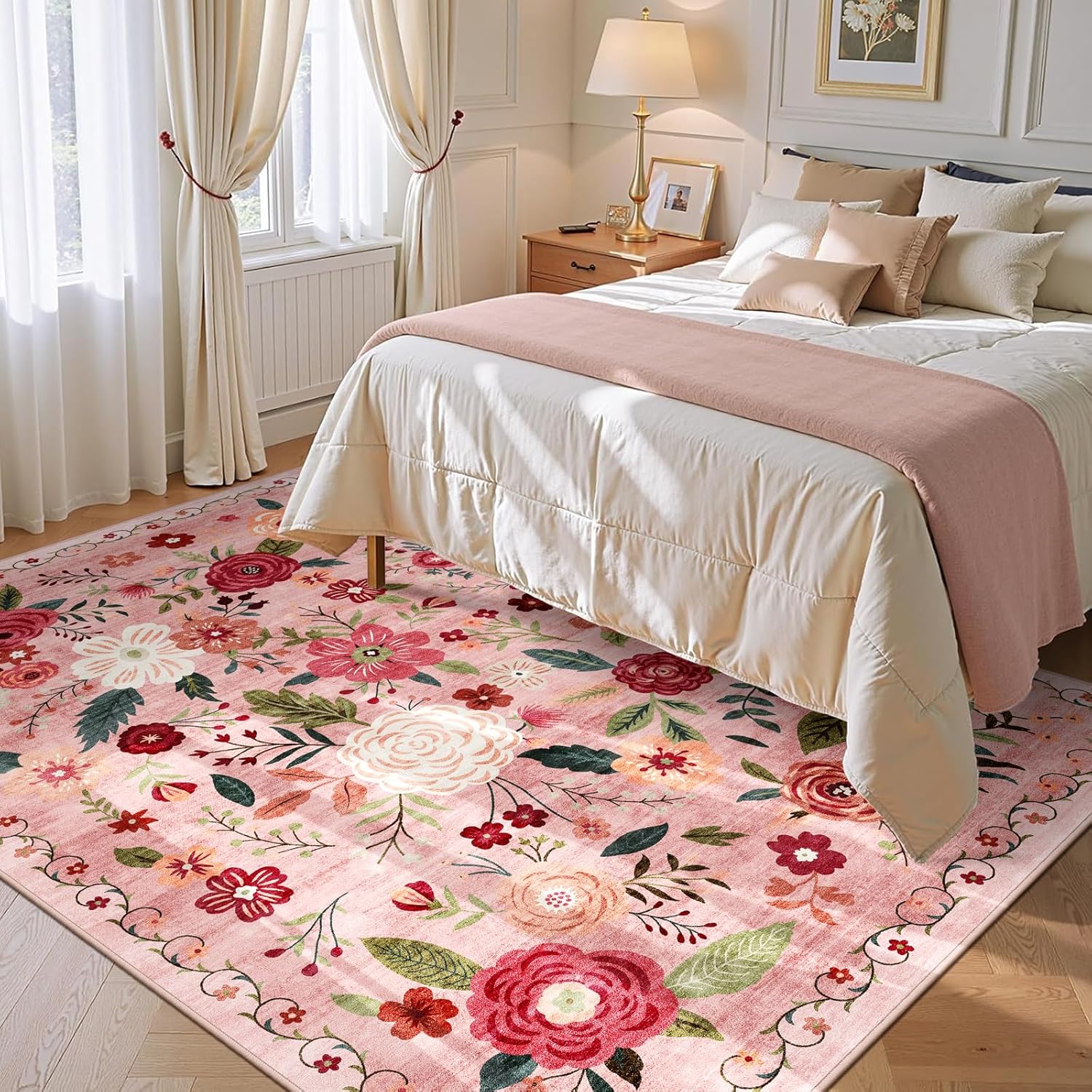5x7 Washable Area Rug for Living Room, Floral Non-Slip Non-Shedding & Easy Care, Soft Low Pile Boho Indoor Floor Carpet for Living Room, Bedroom, Farmhouse, Dining Room, Kids Playroom, Pink
