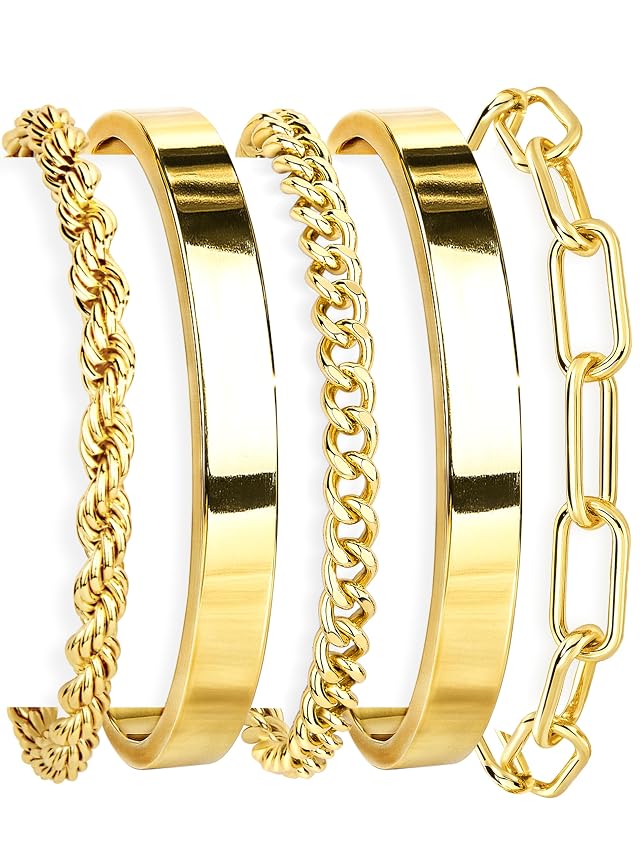 Gold Bracelets Set for Women Non Tarnish 14K Gold Plated Sterling Silver Chunky Cuff Bracelet Stackable Gold Bangles