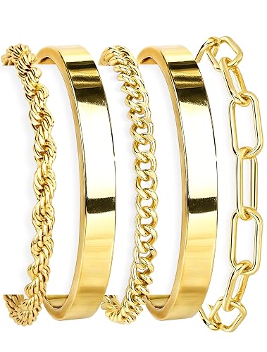 Gokeey Christmas Gold Bracelets for Women Non Tarnish, 14K Gold Plated Chunky Cuff Bracelet Stackable Gold Bangles Bracelet for Women Trendy Tie Knot Cuban Rope Paperclip Beaded Bracelet Stack Jewelry Stocking Stuffer Gifts Fashion Accessories