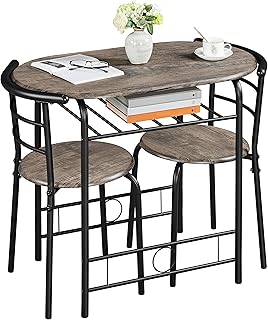 Yaheetech 3 Piece Dining Room Set, Modern Round Dining Table & Chairs Set for 2, Compact Breakfast Bar Table Set with Metal Legs and Shelf, Built-in Wine Rack for Dining Room, Living Room, Drift Brown