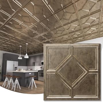 WOWSTAR 12-Pack 24"x24" Drop Ceiling Tiles, Waterproof Glue up Ceiling Panels, Cover 48 Sq. Ft, Antique Gold