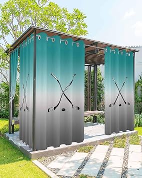 Outdoor Curtain for Patio, Teal Gray Ombre Waterproof Blackout Curtain for Porch/Pergola, Black Hockey Sticks Minimalist Style Thermal Insulated Drapes for Cabana, 1 Panel, 54 x 108 Inch