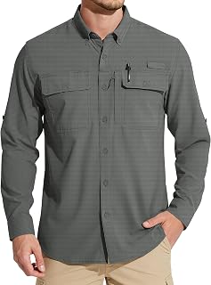 MAGCOMSEN Men's Long Sleeve Fishing Shirt Sun Protection Safari Hiking | UPF 50+, Quick Dry, Lightweight, Breathable, Button Down, 3 Pockets, Roll Up Sleeves, Cooling, Camping, Hunting