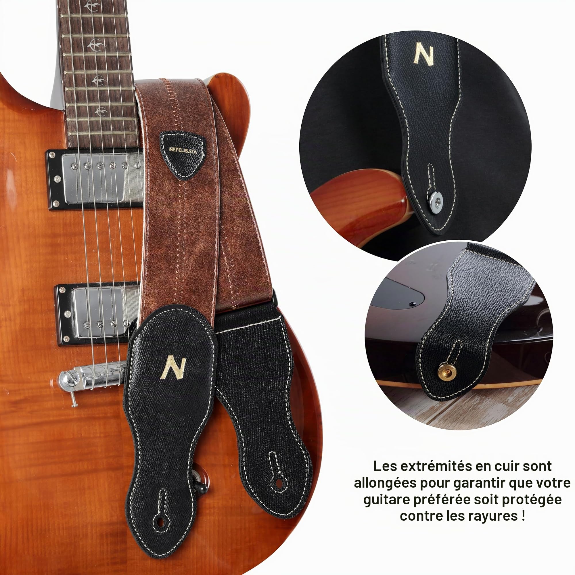 Nefelibata Sangle de guitare avec poche pour médiator, 5,8 cm, en cuir végétalien, style vintage des années 60 (marron)