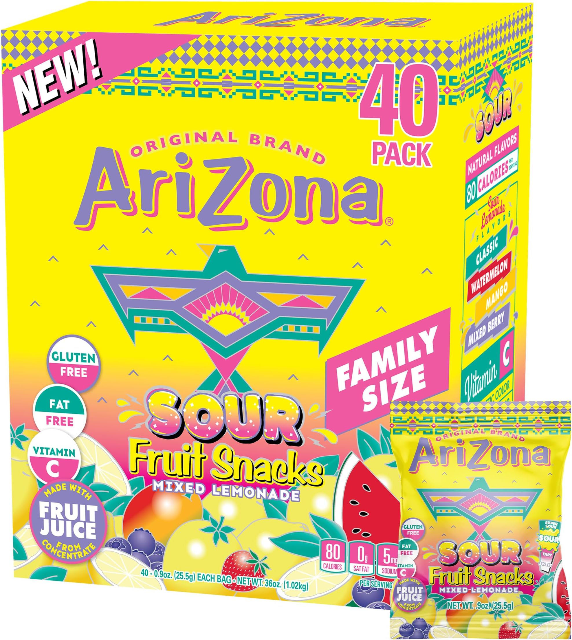 AriZona Sour Lemonade Fruit Snacks, Sour Lemonade - 0.9 oz, 40 count Box