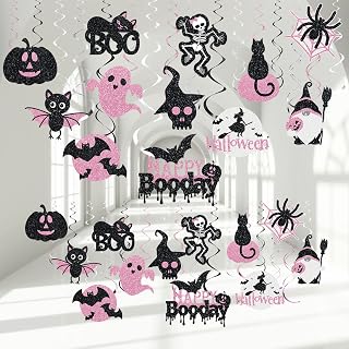 36 PCS Halloween Hanging Swirls Decoration Happy Boo Day Ceiling Swirls Spirals Halloween Black and Pink Ghost Witch Spider Streamers Halloween Party Decor for Halloween Outdoor Indoor Supplies