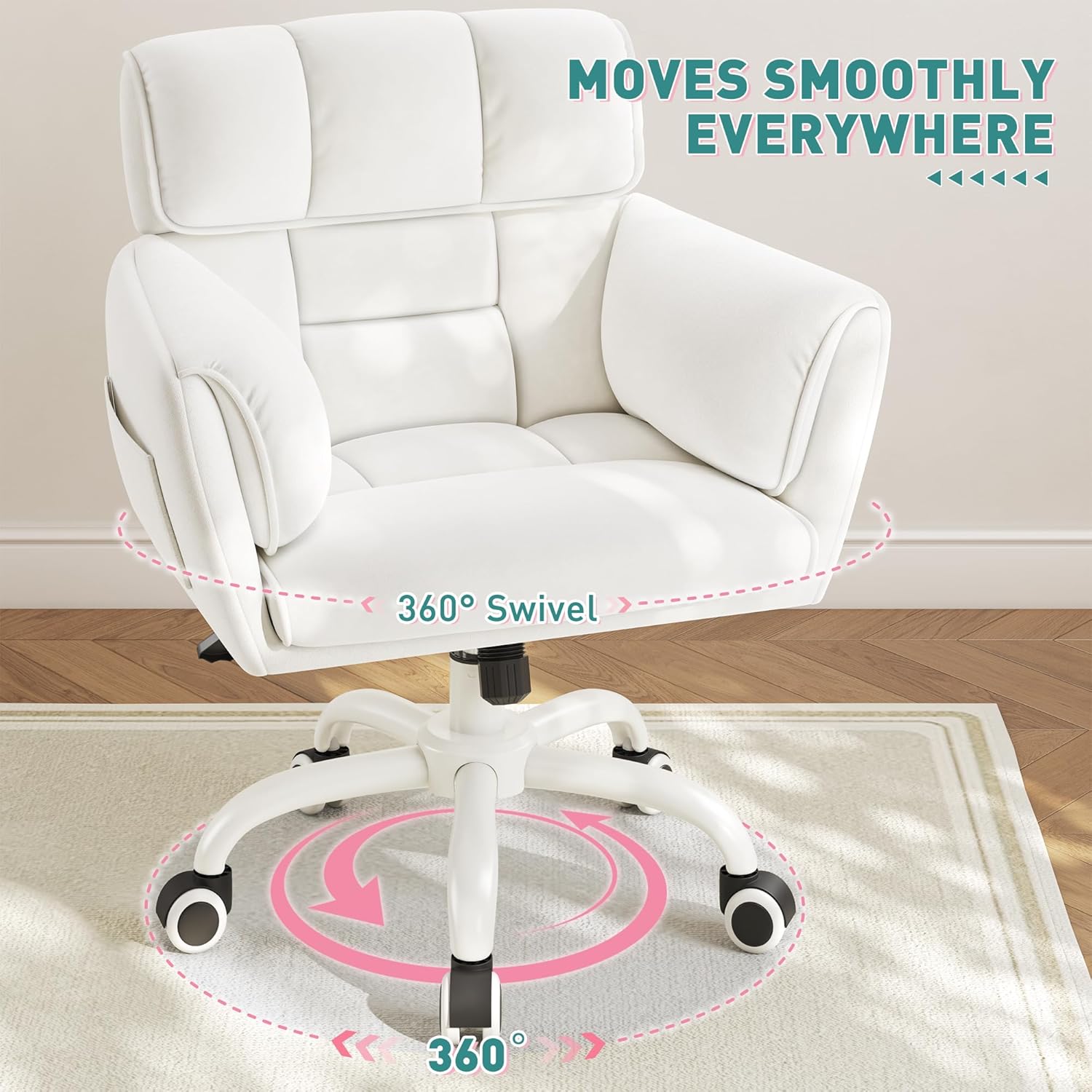 Home Office Chair with Wheels Soft-Touch Material,Modern Cute Vanity Chair with Back Adjustable Height Upholstered Comfy Desk Chairs with Side Pockets for Bedroom,White
