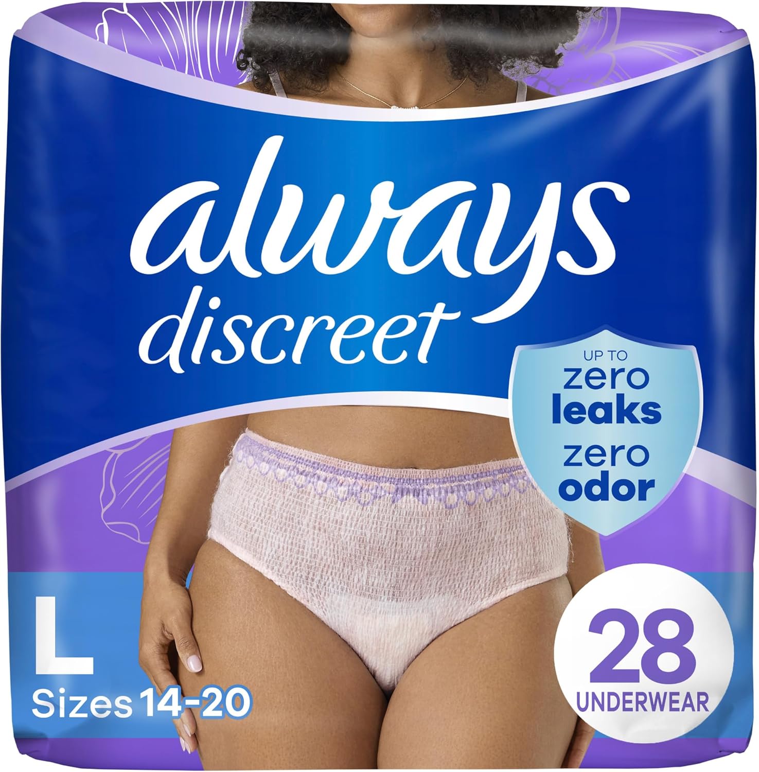 Always Discreet Adult Incontinence Underwear for Women and Postpartum Underwear, L, Up to 100% Bladder Leak Protection, 28 Count (Packaging May Vary) L 28
