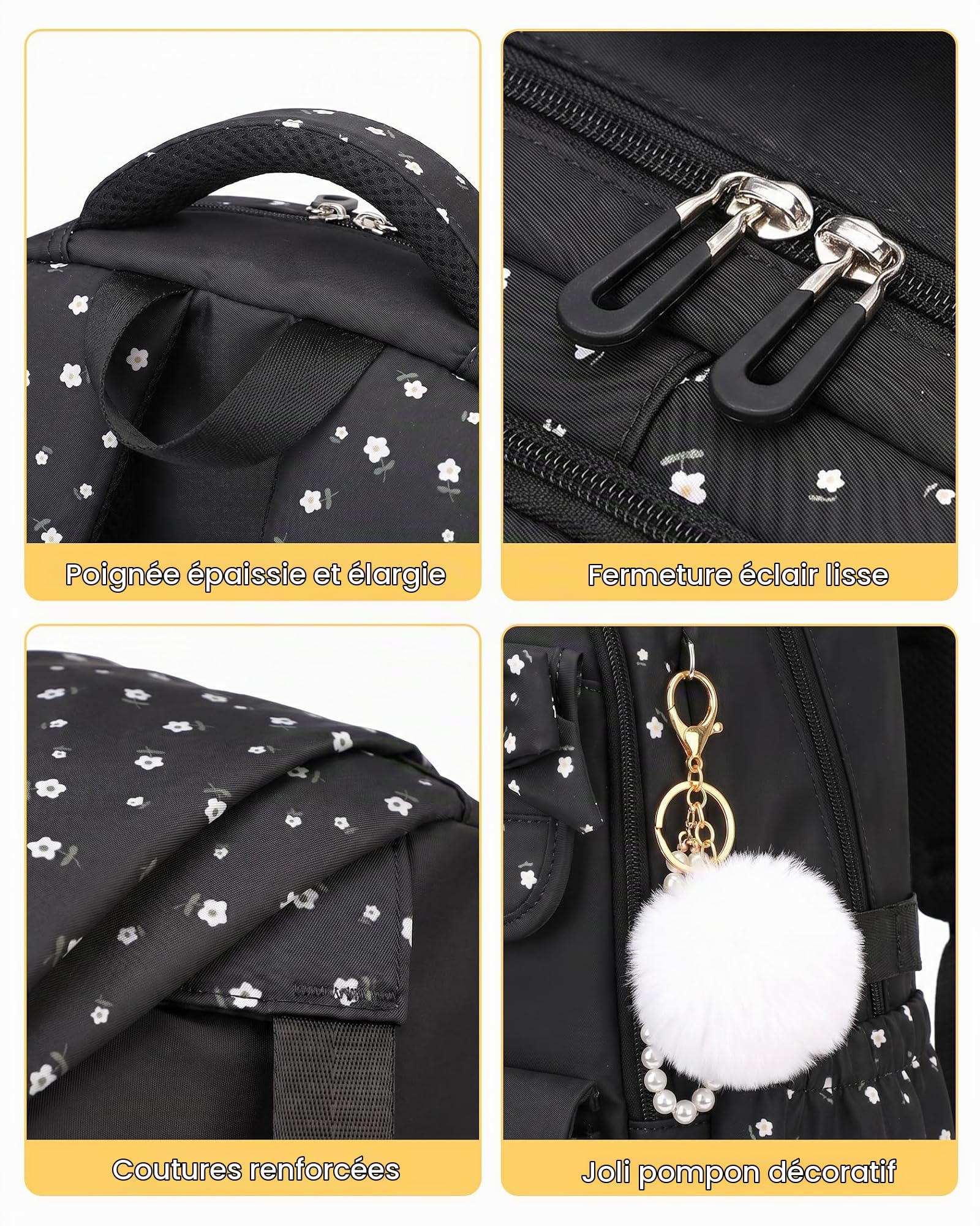 Amythe Cartable École Ados Filles 6 à 15 ans Imperméable Noir | Lycée Collège Grand Imperméable Junior Noir Daypack Multi-Poches Spacieux Robuste pour École Voyage Randonnée Loisir