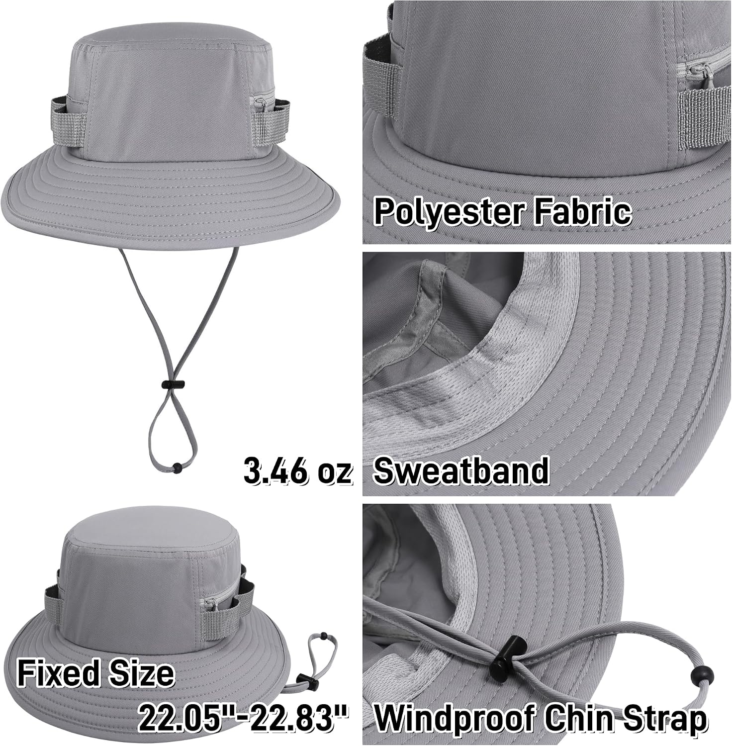 Bucket Hat with Chin Strap UPF 50+ Water-Resistant Packable Sun Boonie Hat with Zipper Pocket for Men Women