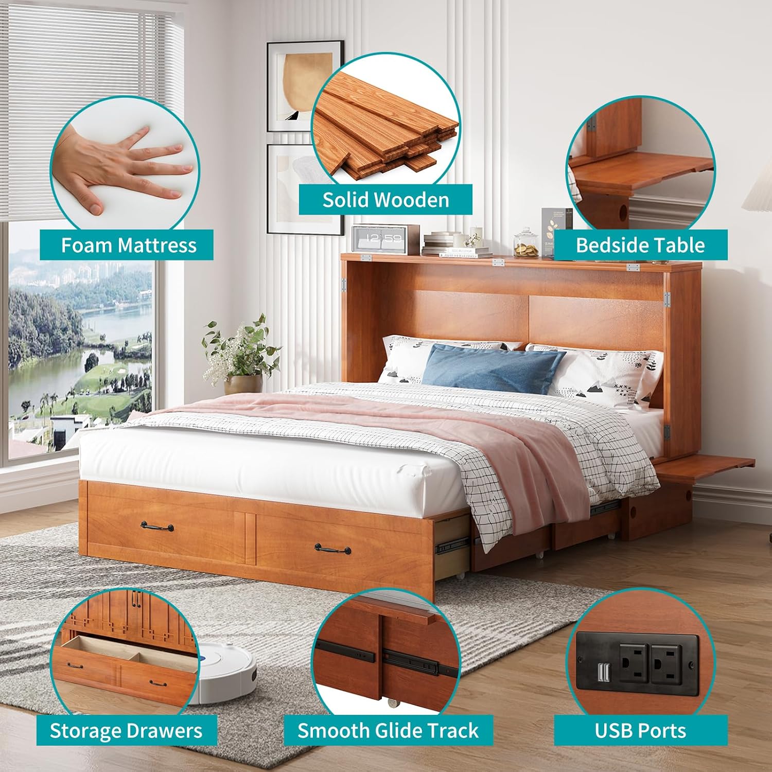 BALUS Queen Murphy Bed, Cabinet Bed with Built-in USB Ports & 2Storage Drawers, Space-Saving Modern Murphy Beds Cabinet Guest Beds with Tri-fold Mattress for Office, Easily Convertible - Cherry