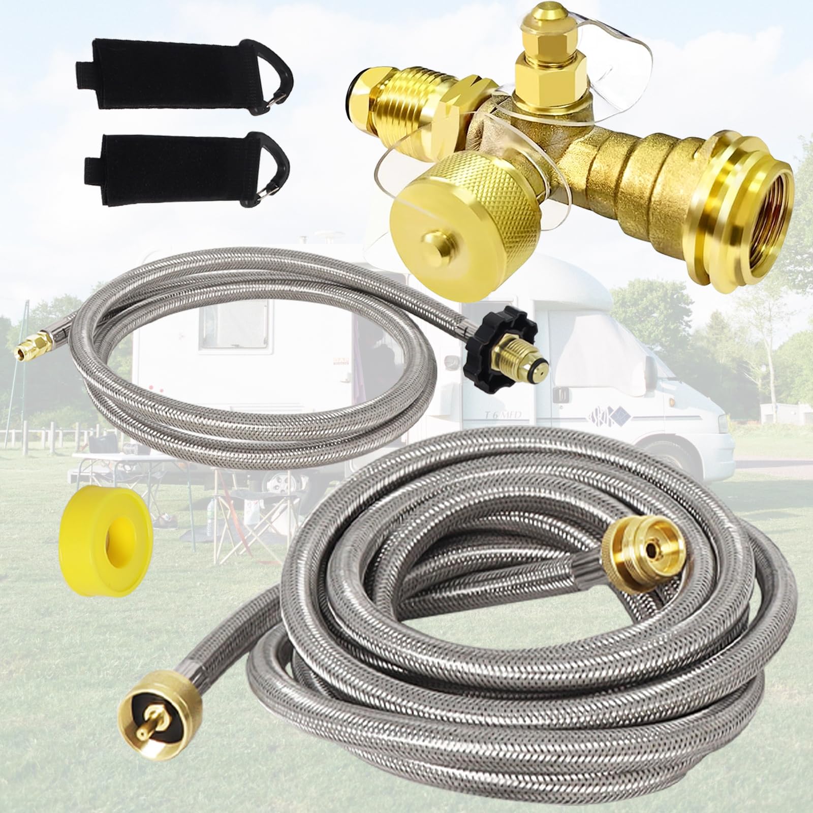 𝟮𝟬𝟮𝟲 𝗻𝗲𝘄 𝘂𝗽𝗴𝗿𝗮𝗱𝗲 Extend a Stay RV Propane Kit, Propane Brass Tee Kit with 5FT & 12FT Stainless Braided Hoses, RV Propane Tank 4-Port Adapter Kit, Connecting Auxiliary Propane Cylinders