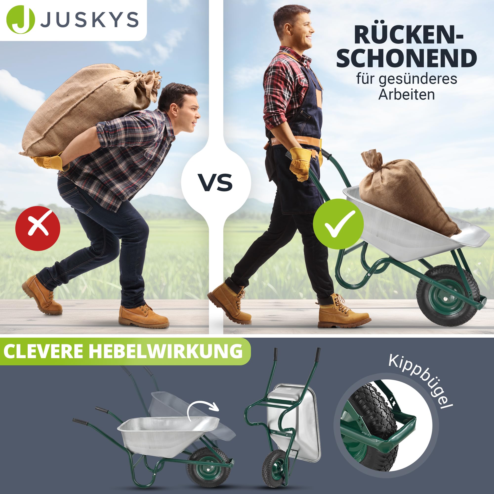 Juskys Taczka Ogrodowa - Pojemność: 100 l - 210 kg - Opony z metalową felgą - Galwanizowane dno - Wózek transportowy