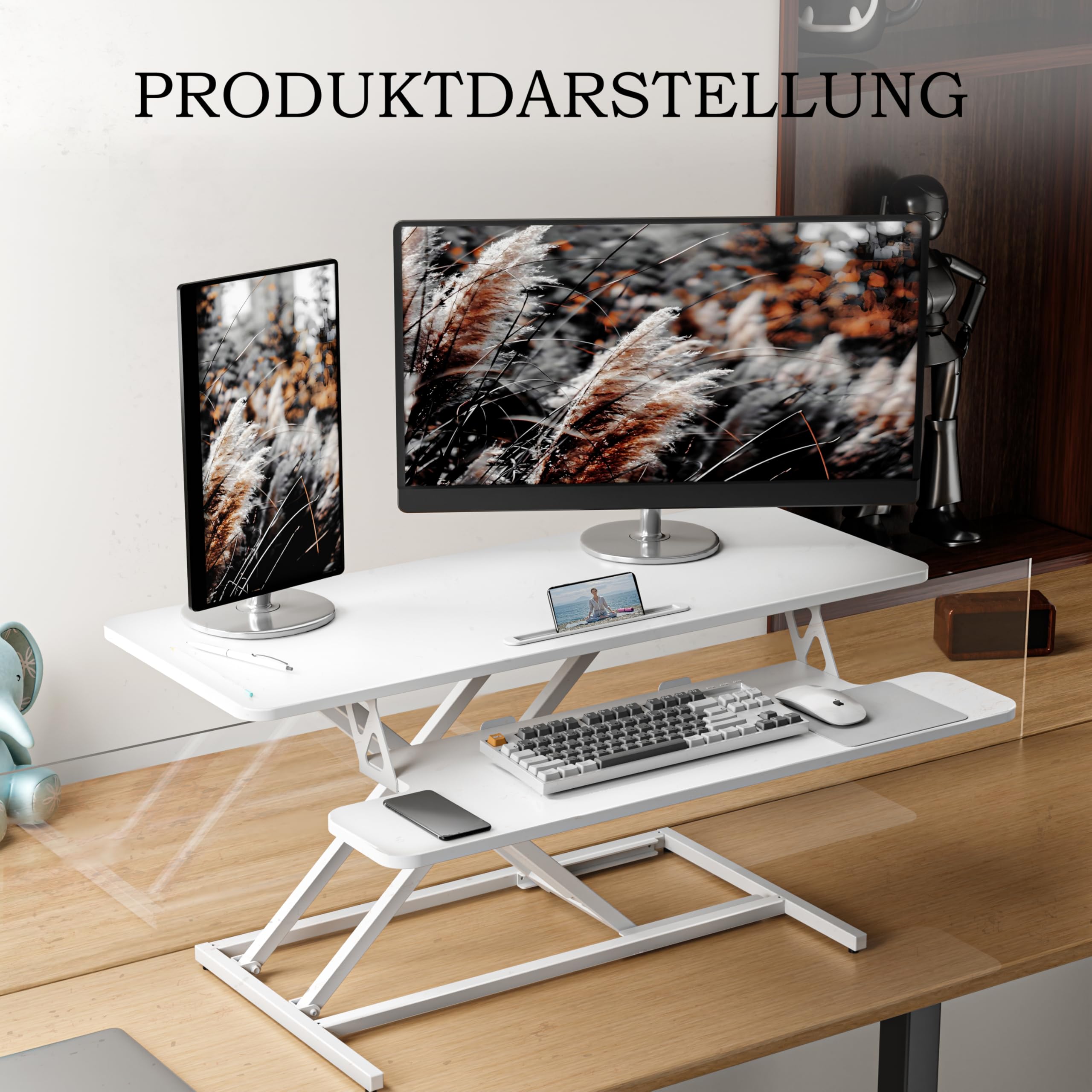ERGOMAKER Steh-Sitz Schreibtischaufsatz Höhenverstellbar, Stehpult Aufsatz Schreibtisch 101 X 40CM Desktop Erhöhung mit Zwei Monitoren Tastaturablage Weiß