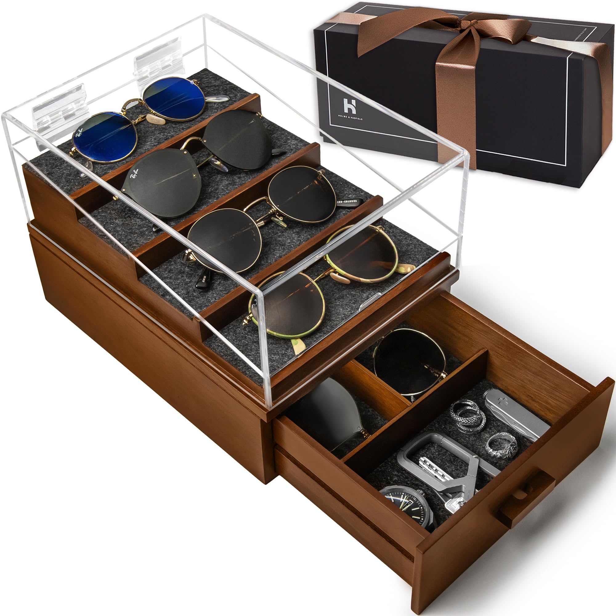 Holme & Hadfield Premium 6-Slot Sunglasses Organizer – Beautiful 360° Views – Handcrafted Wooden Sunglasses Display Case for Multiple Glasses – Luxurious Father’s Day Gift