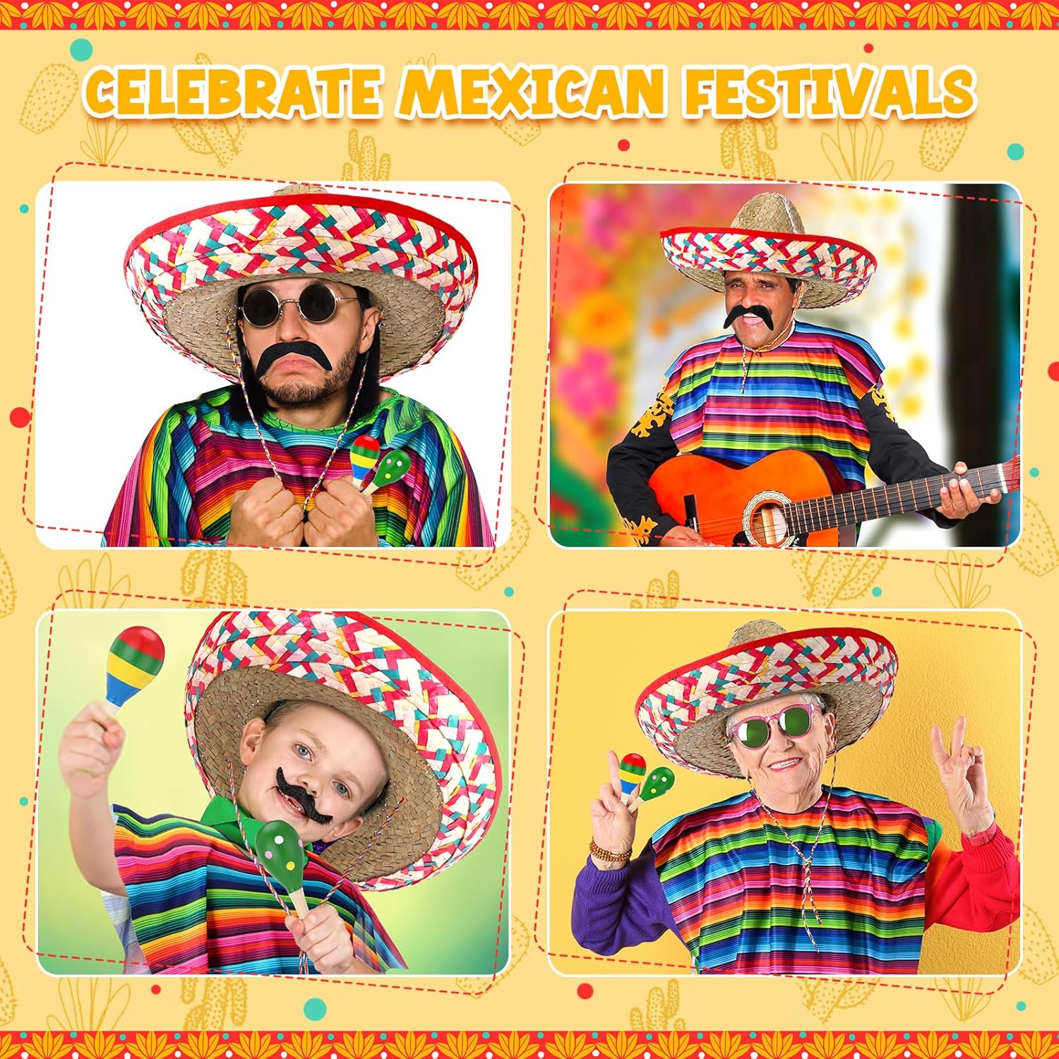 Unittype 6 Pcs Mxeican Costume Set Sombrero Hat Serape Poncho Mustache Maracas Fiesta Outfit Mexco Accessories