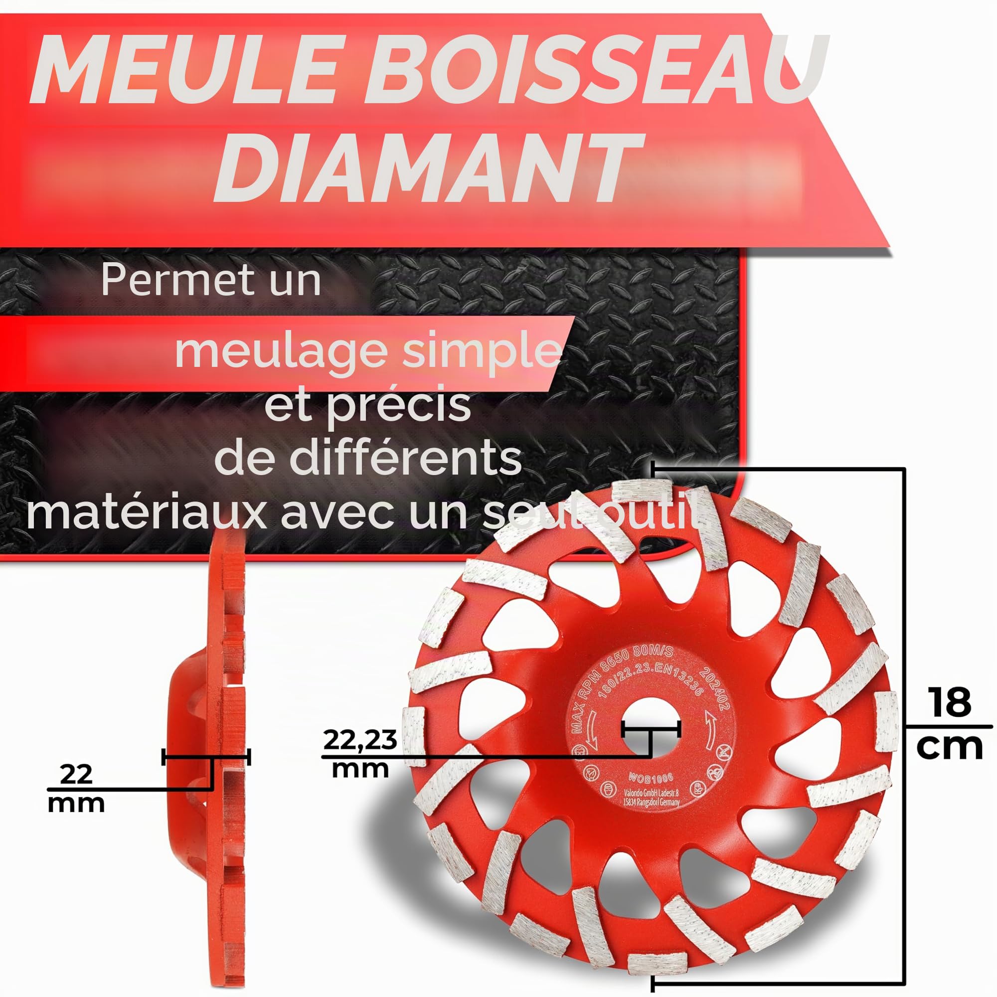 Woltersberger Meule diamantée 180 mm x 22,23 mm Plateau de ponçage pour béton granit pierre naturelle