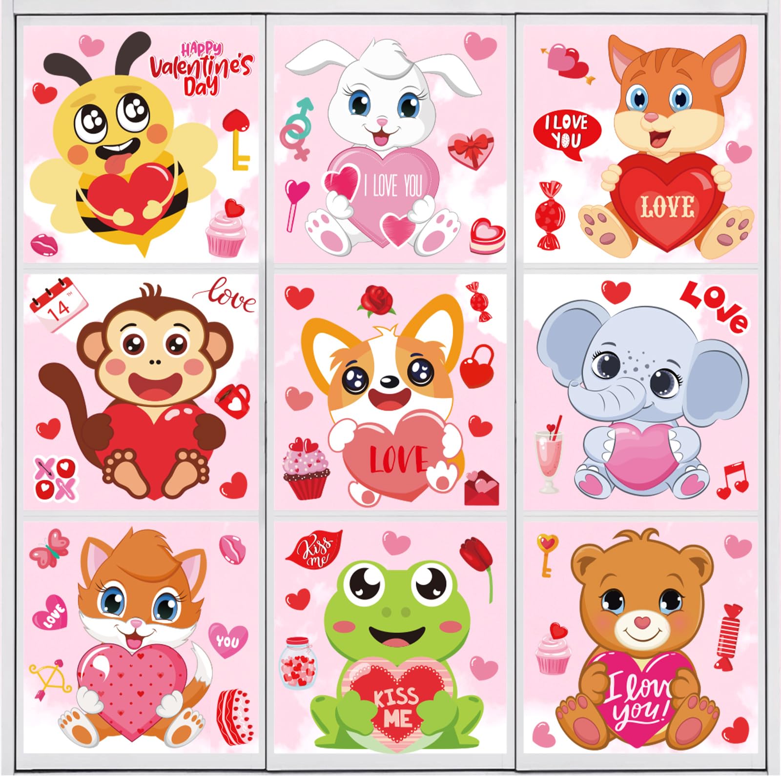 JarThenaAMCS Valentine's Day Window Clings Lovely Animals Window Decals Double-Sided Cute Cartoon Window Decor for Wedding Anniversary Home Office School Party Supplies, 9 Sheet