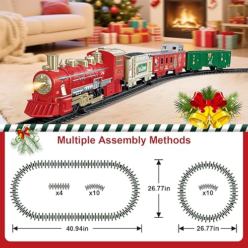 Miniatura 6 de JUQU - Juego de tren eléctrico con locomotora, autos y pistas, mini tren para debajo del árbol de Navidad, modelo de tren para niños con luz y