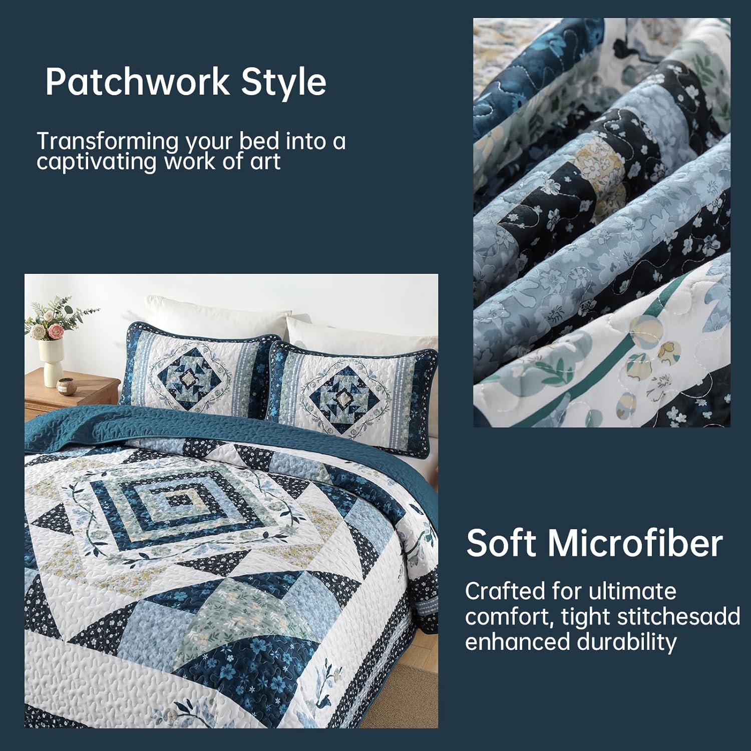 Dobuyly Quilts Queen Size,Patchwork Bedspreads Queen Size,Blue Floral Lightweight Coverlet Set for Queen Bed for All Season96 x90