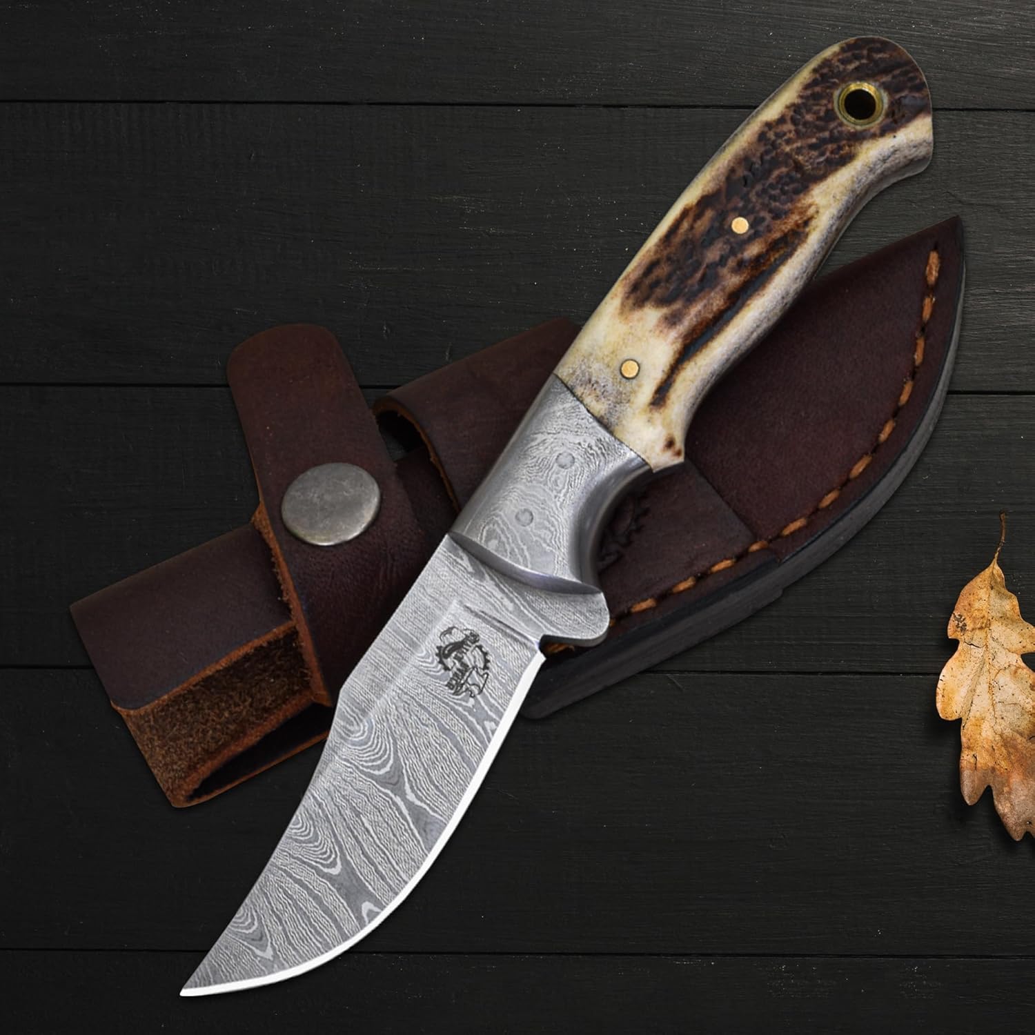Knives Ranch Handmade Hunting Knife with Leather Sheath – Damascus Steel – Red Stag Antler Handle – Horizontal Carry EDC Ranch Tool (2103-SG)