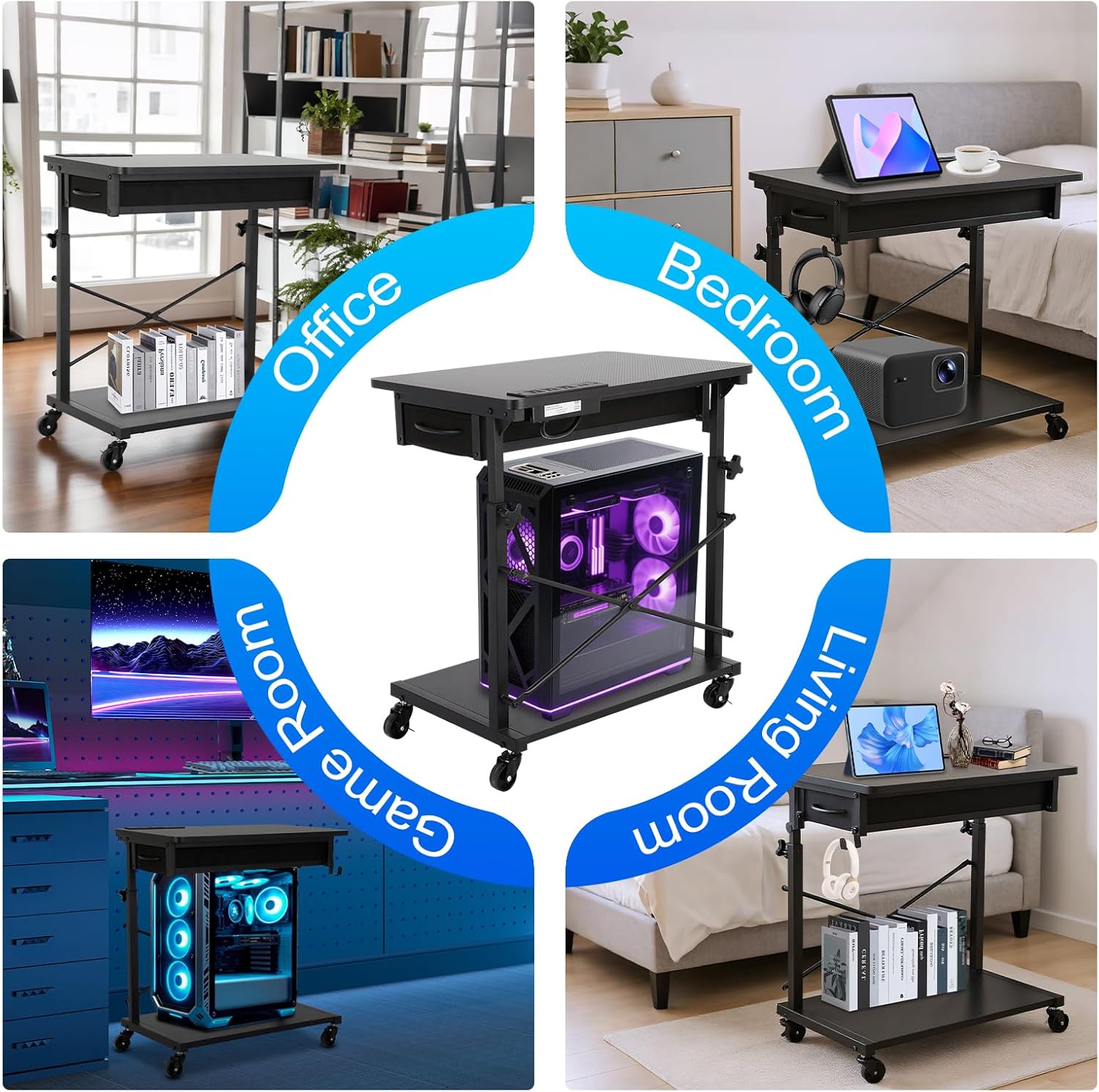 FAHKNS PC Tower Stand，2-Tier Computer Tower Stand，Computer Tower Floor Stand with Power Outlet & Lockable Wheels，PC Holder for Office/Home/Studio/Game Room