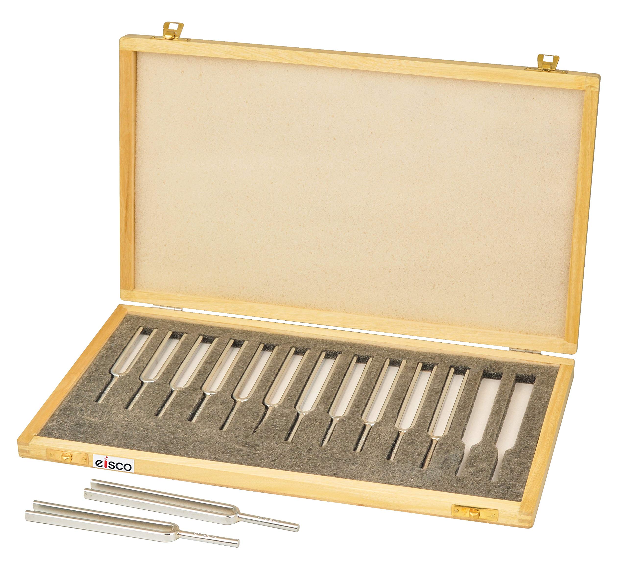 EISCO Steel Tuning Fork Set - Set of 13 - in Wooden Case, Designed for Physics Experimentation