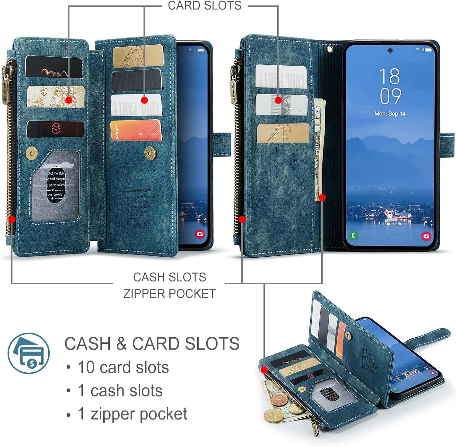 Samsung Galaxy S25 FE 5G Wallet Case with Card Holder Kickstand Magnetic Zipper Pocket Lanyard Strap Wristlet,Leather Flip Case Wallet for Samsung Galaxy S25 FE 5G 6.7 Inch (Blue)