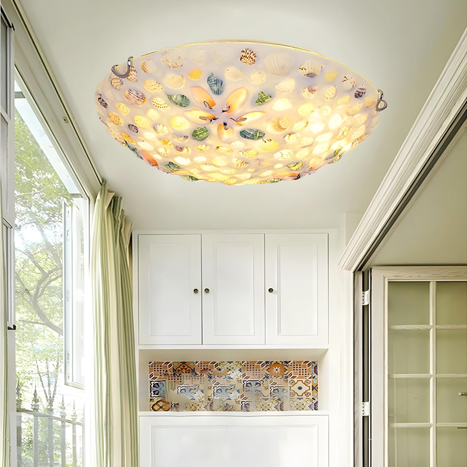 Bofea-Hand-Made Shell Flush Mount Ceiling Light Bowl LED Mediterranean Ceiling Lighting Tiffany Art Deco Ceiling Lamp Chandelier for Aisle Bedroom Living Room Hotel. (16" (40 cm) Wide)