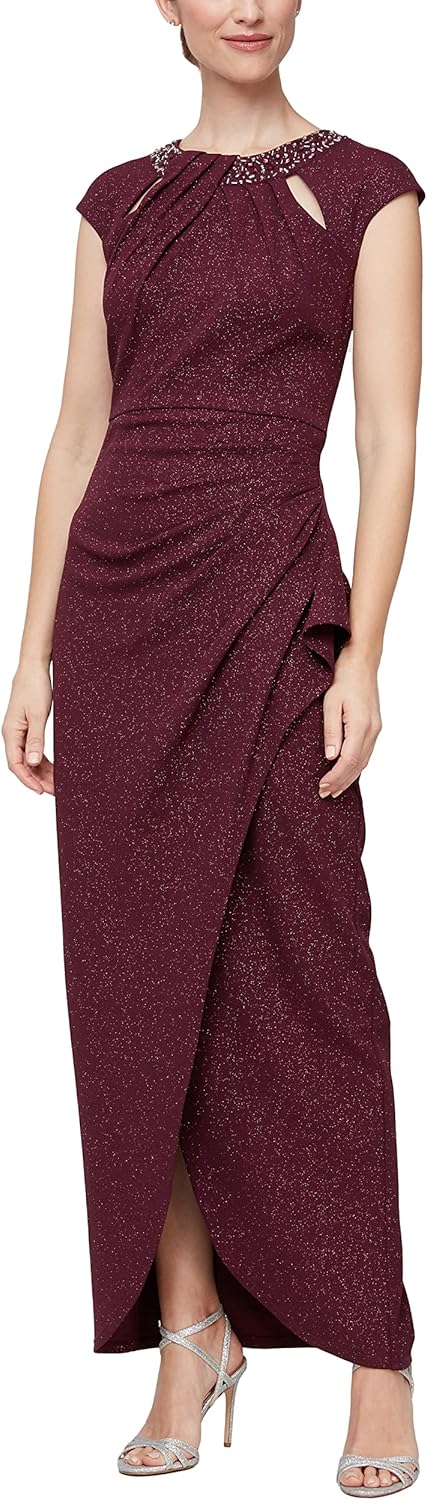 S.L. Fashions Womens Cap Sleeve Long Dress Keyhole Neck Flattering Ruched Waist