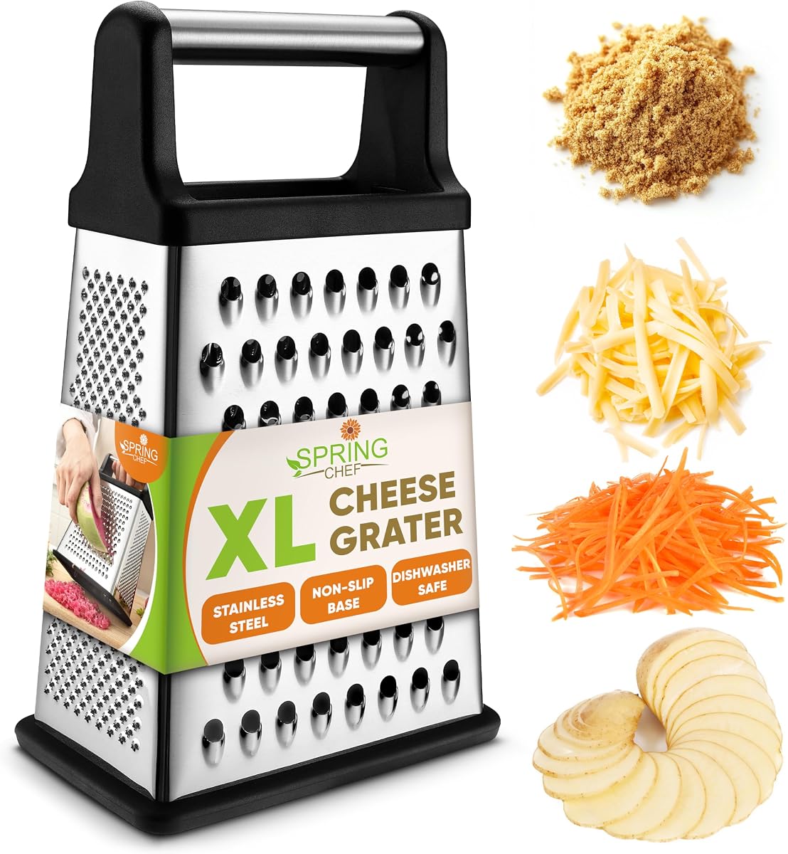 Rallador de Queso XL de Acero Inoxidable para Cocina, Negro | Rallador Manual de caja de Metal de 4 lados para zanahoria, patata, parmesano, triturador de queso, rallador de verduras profesional, apto para lavavajillas