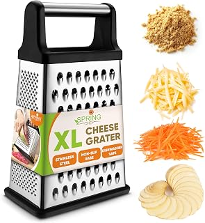 SpringChef Professional XL Cheese Grater: 4-Sided Stainless Steel Box Grater for Parmesan, Vegetables, Ginger - Dishwasher Safe
