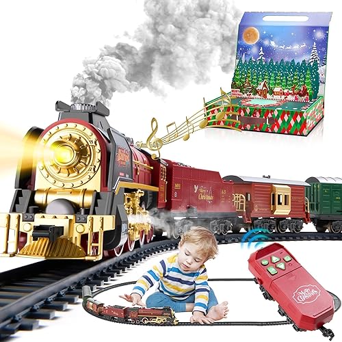 Juego de tren con caja de regalo y control remoto, juguetes de tren con humo, luz y sonido, juegos de tren de Navidad para alrededor del árbol,