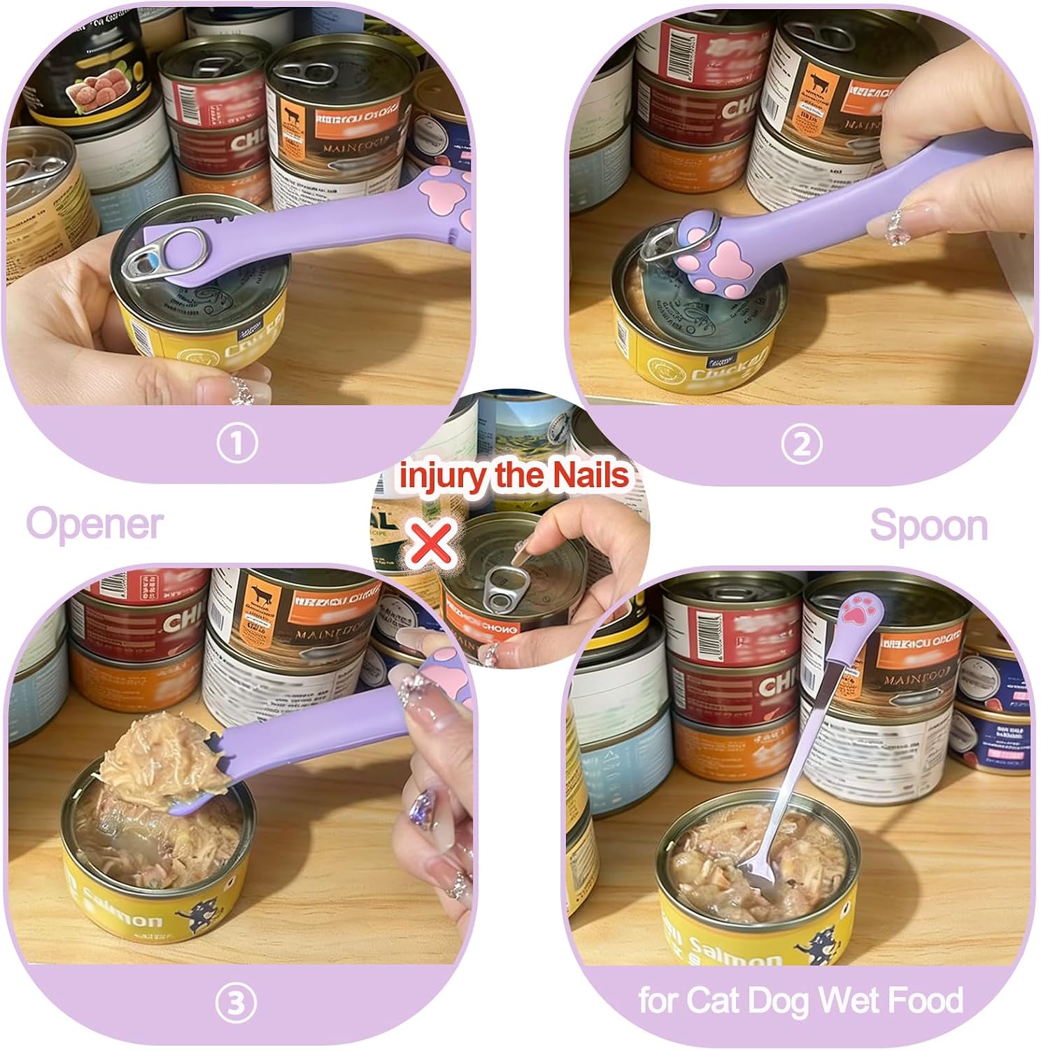 6 PCS Pet Feeding Set | 1 Cat Treat Spoon Squeeze for Cat Strip, 1 Opener Spatula & Stainless Steel Spoon for Pet Wet Food, 3 Silicone Can Covers for Dog Cat Food Canned (Purple)