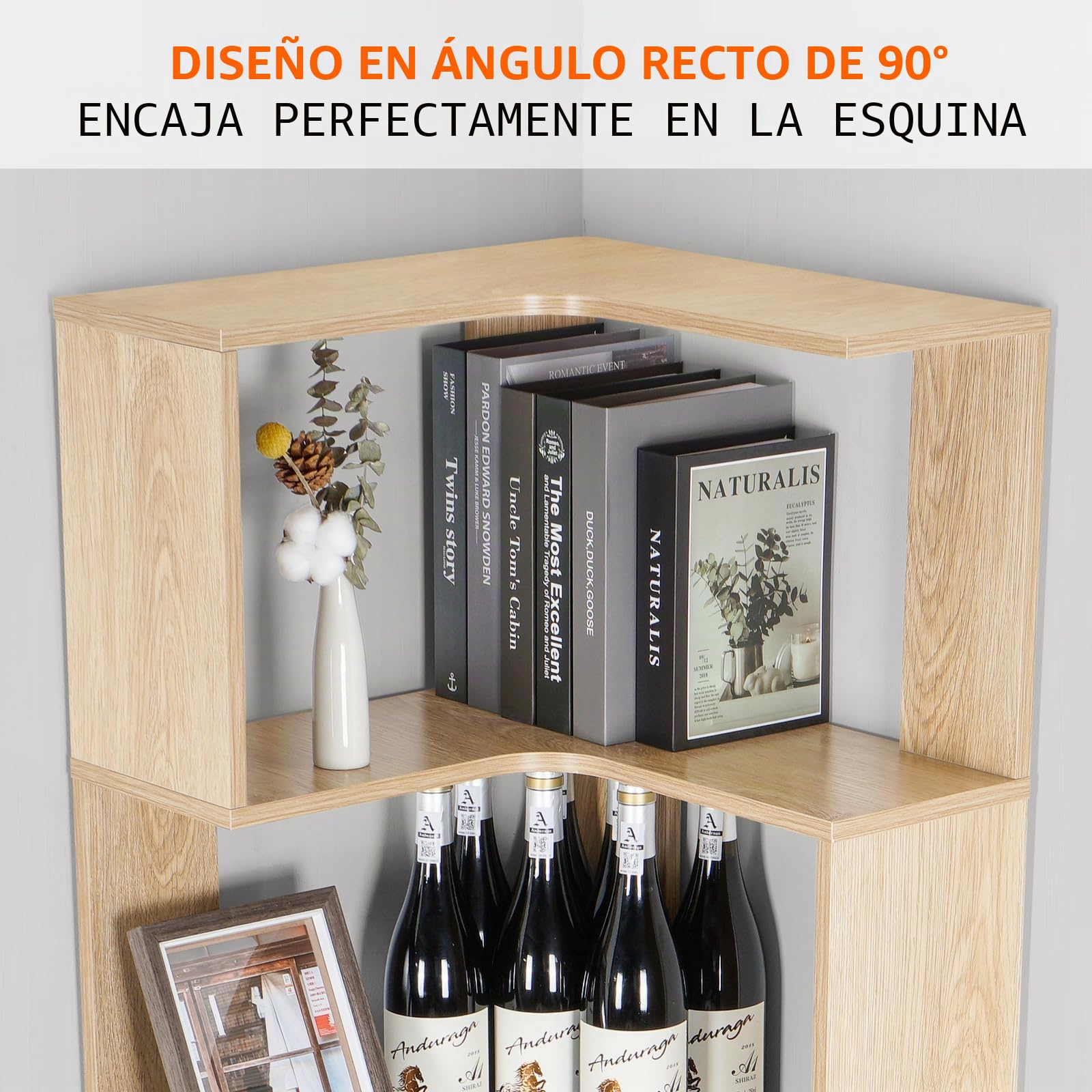 uyoyous Estantería esquinera de 5 niveles, de pie, 175 cm de altura, de madera, gran estantería abierta, estantería de almacenamiento, armario de esquina para salón, dormitorio, estudio y oficina