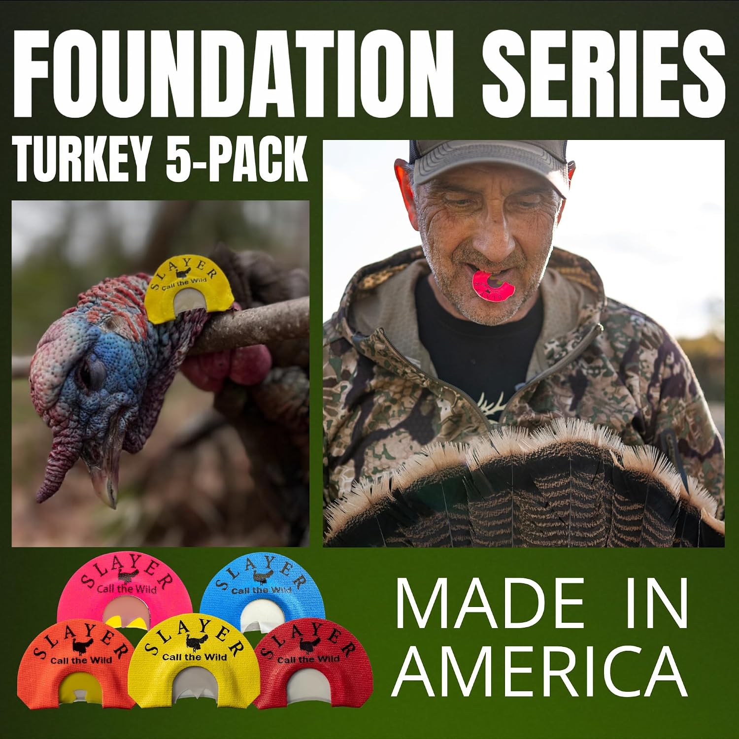 Slayer Calls Foundation Turkey Series Starter 5‑Pack – Turkey Mouth Calls Bundle with Straight Double, Ghost Cut, Yella Yelper, Quad Hen & Close Talker Diaphragms – Balanced Full‑Season Calling