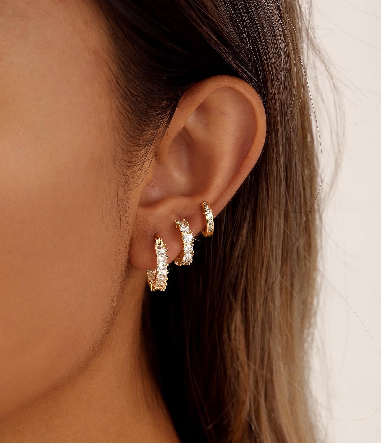 CAROVO 3 Pairs Gold/Silver Hoop Earrings for Women Trendy Dainty 14K Gold Plated Cubic Zirconia Stud Earrings Huggie Hoop Earrings Stack for Multiple Piercing Jewelry