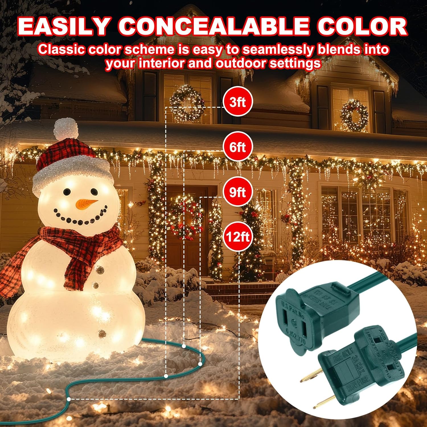 Yunsailing 12 Pack 2 Prong Extension Cords 3ft 6ft 9ft 12ft Assorted Lengths for Christmas Lights Indoor Outdoor 20AWG Polarized Power Extension Cable for Holiday String Lights Decorations(Green)