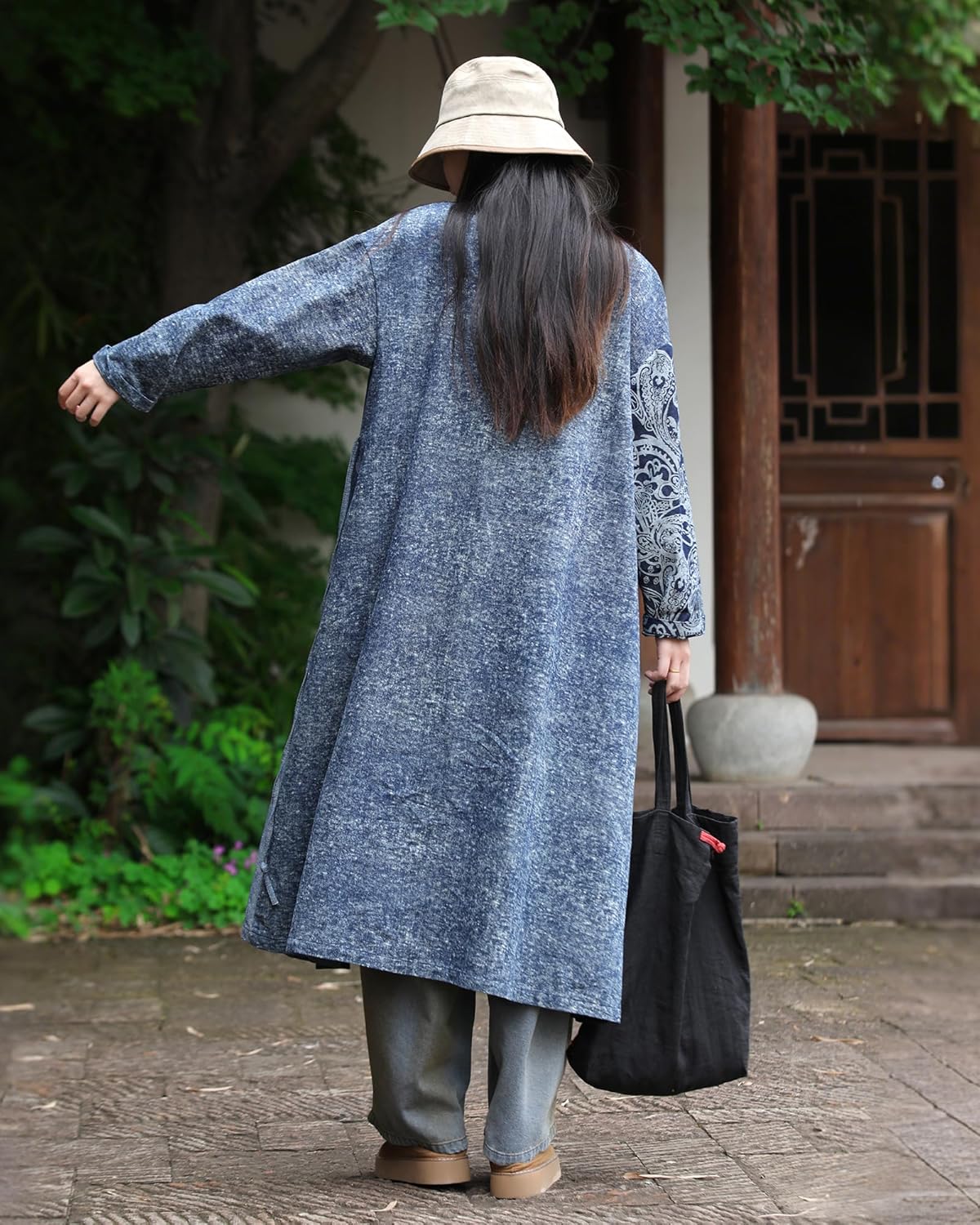 Women's Vintage V-Neck Tie-Belt Long Denim Jacket Coat Streetwear Trench Coat with Graffiti Patchwork Design - Image 5