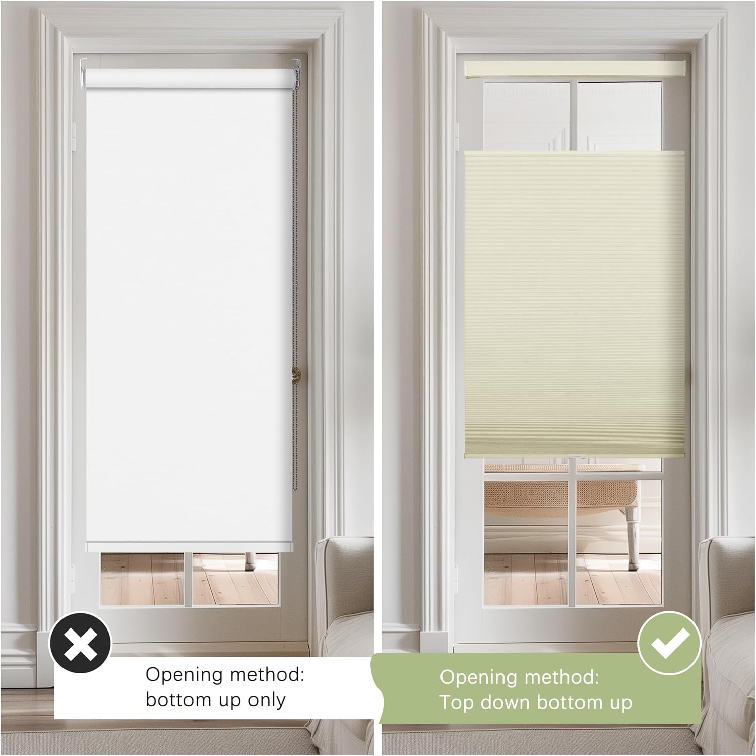 Berissa Top Down Bottom Up Cellular Shades for Glass Door Blackout,Door Blinds for Door Window 1" Fabric Thermal Insulated Room Darkening Privacy for Indoor Windows,Custom Size,Beige