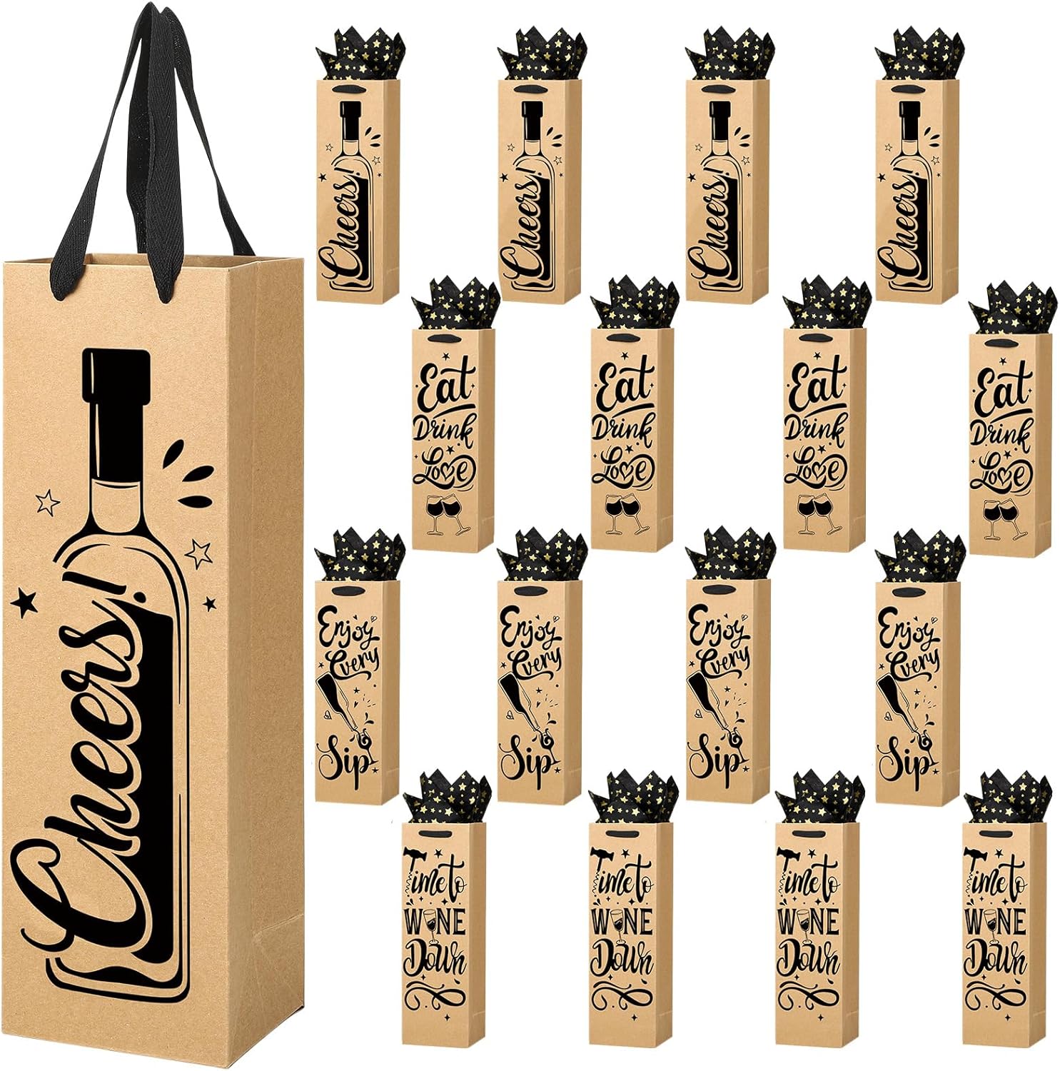 Ovveroche 20 PCS Wine Gift Bags with Handles and Tissue Paper - Kraft Wine Bottle Bags for Holiday, Birthday, Wedding, Graduations, Party