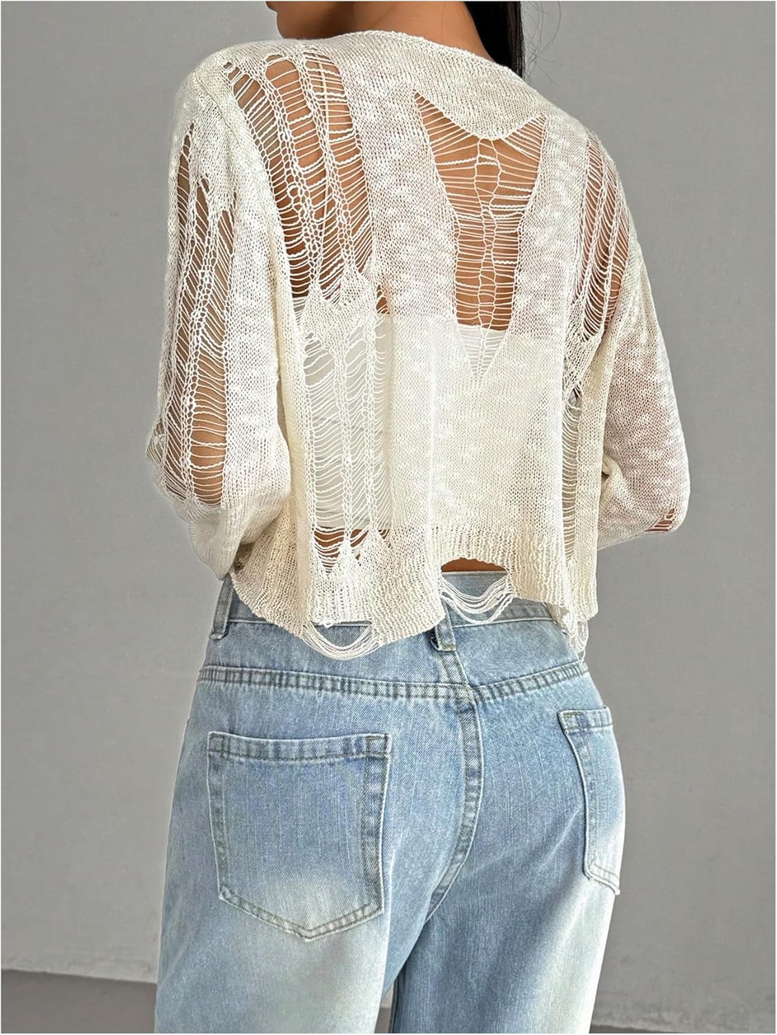 WDIRARA Women's Ripped Distressed Knit Top Long Sleeve Hollow Out Crochet Crop Top Goth Y2K Grunge Punk Halloween - Image 2