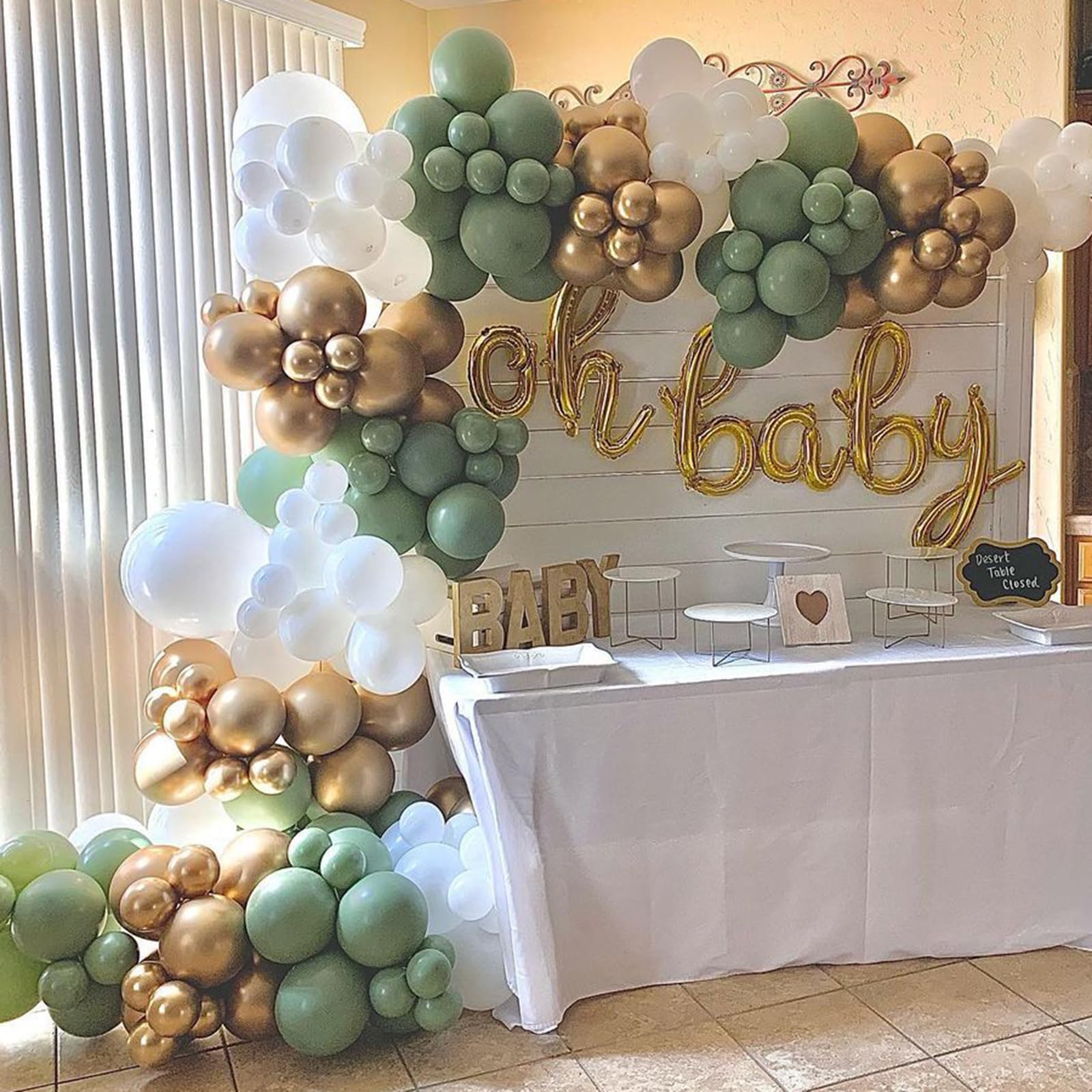 Sage Green White Gold Balloons Arch Kit-150pcs Sage Green White Gold Balloons Garland for Baby Shower Birthday Party Jungle Safari Wild One Gender Reveal Party