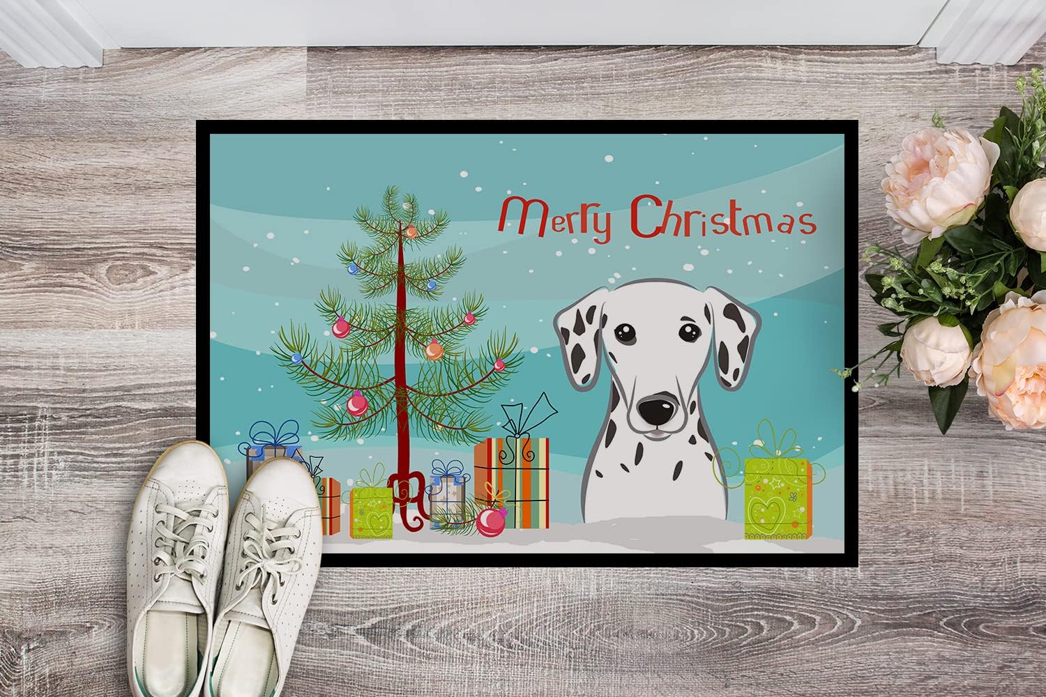 Caroline's Treasures BB1582MAT Christmas Tree and Dalmatian Doormat 18x27 Front Door Mat Indoor Outdoor Rugs for Entryway, Non Slip Washable Low Pile, 18H X 27W
